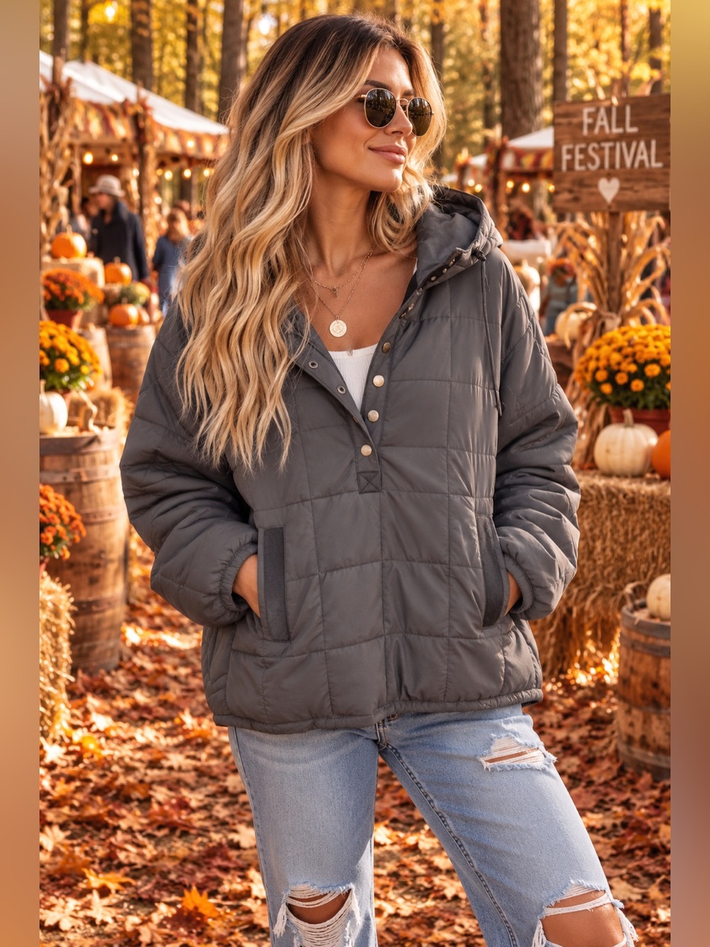 POL womans Quilted Hooded Pullover - Black size L